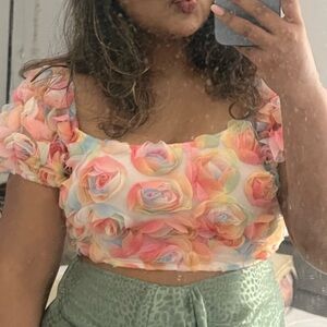 Orange and Pink Ruffled Puff Sleeve Blouse